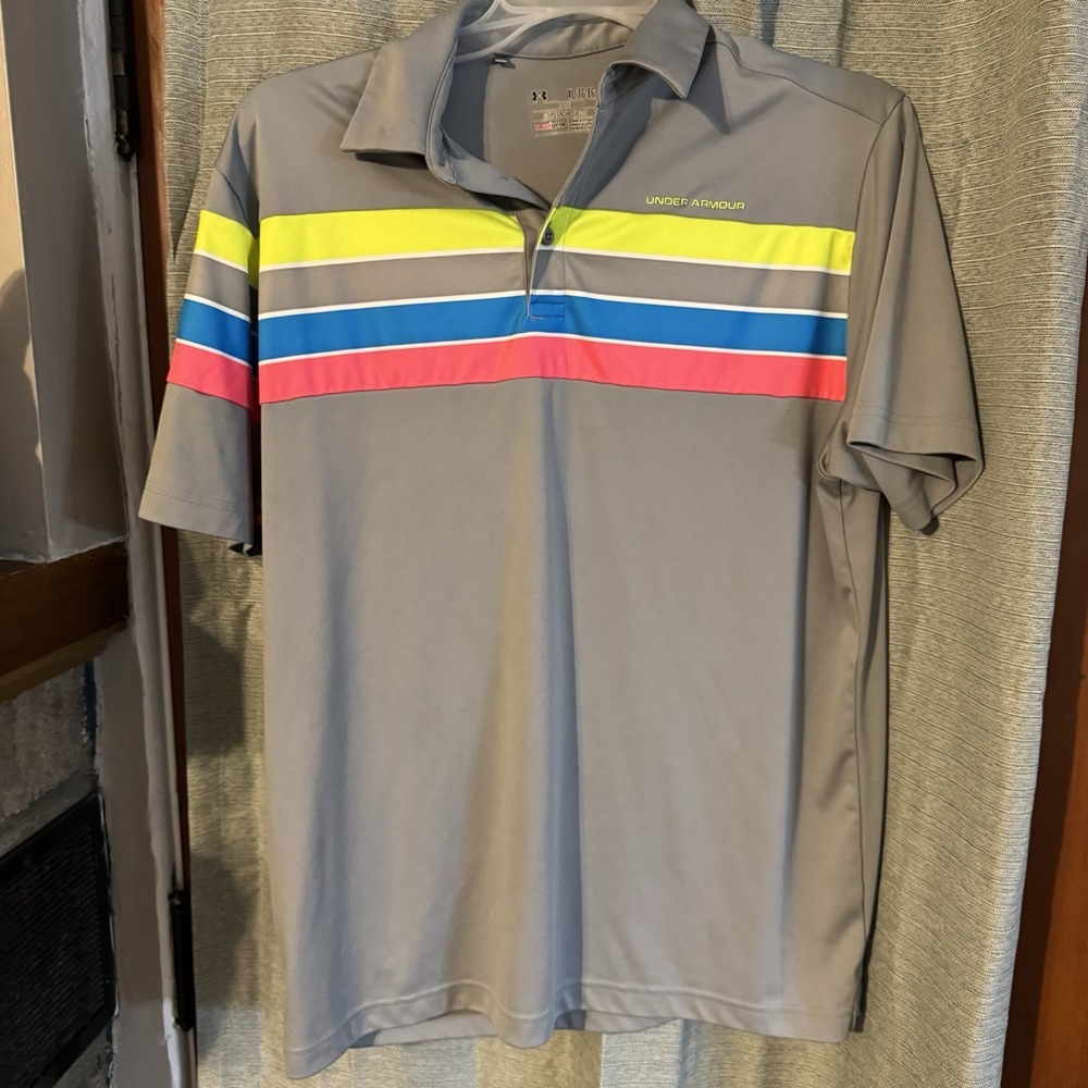 Under Armour Men's Golf Polo Shirt Size Large Grey  Chest Strips Loose Fit XL